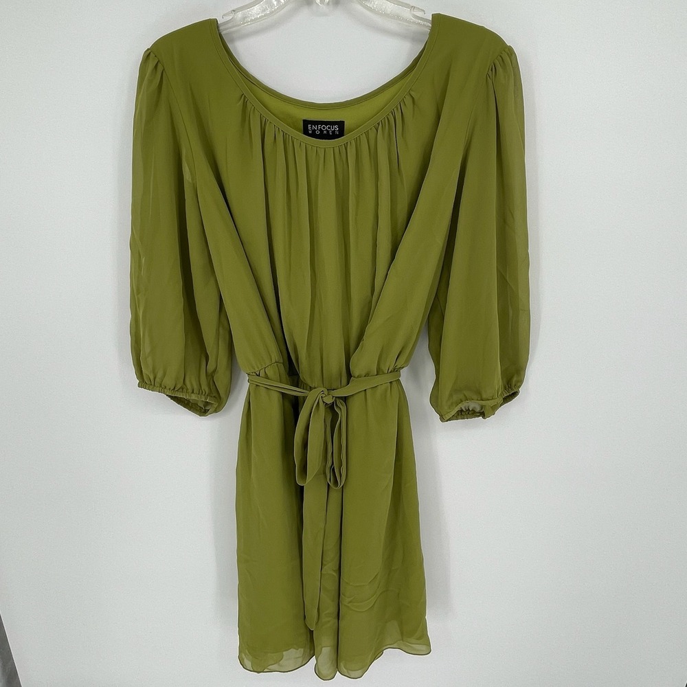 Enfocus Women Green Pesto Chiffon Belted Mini Dress Size 20W